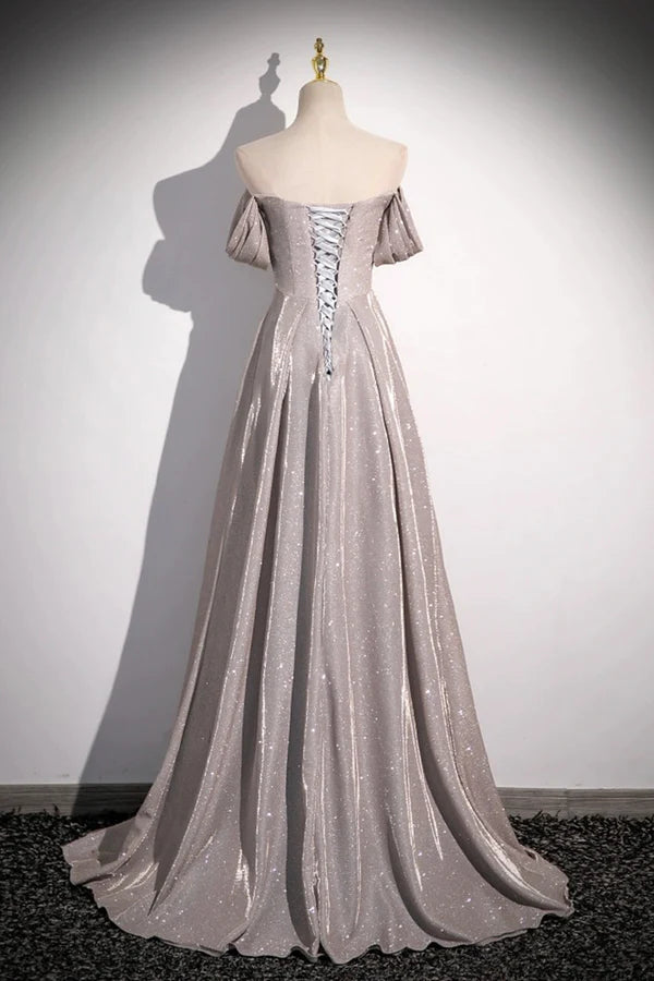 Wholesale Grey Sequins Ruffle Long Party Dress Off the Shoulder Short Sleeve Sweep Train Evening Dress