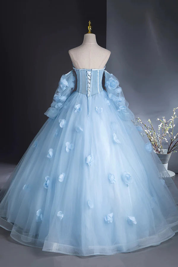 Wholesale Blue Tulle Long Sleeves Formal Dress with Flowers Blue A-Line Prom Party Dress