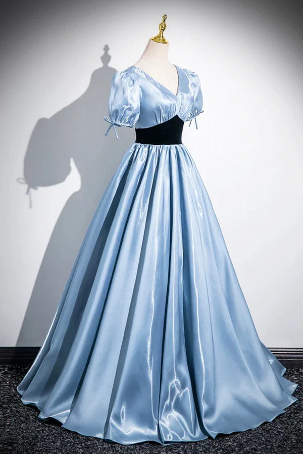 Wholesale Blue Satin and Black Velvet Long Prom Dress A-Line V-Neck Short Sleeve Evening Dress