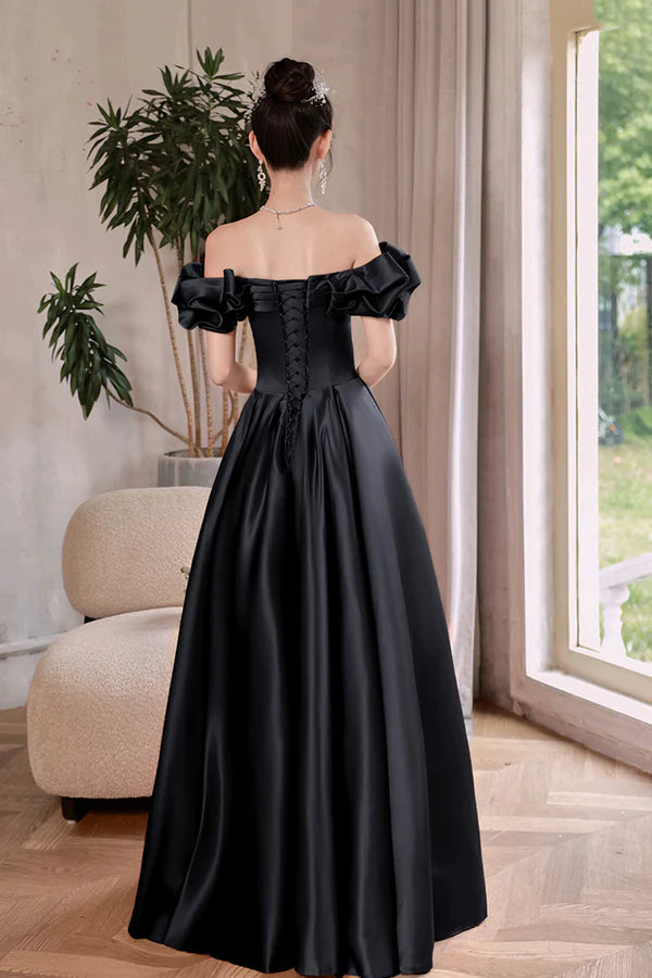 Wholesale Black Satin Floor Length A-Line Prom Dress Off the Shoulder Evening Party Dress