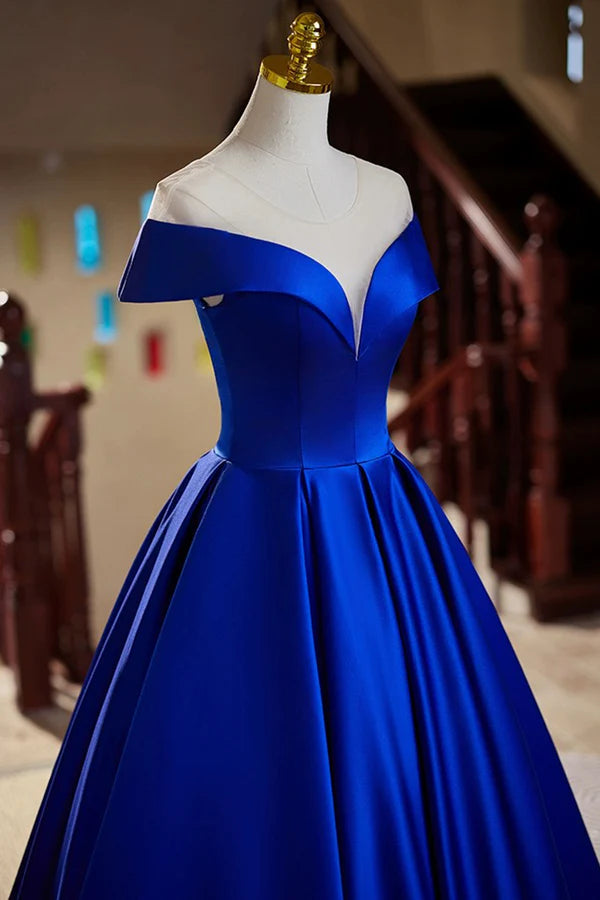 Wholesale Blue Satin Floor Length Prom Dress Elegant A-Line Evening Party Dress