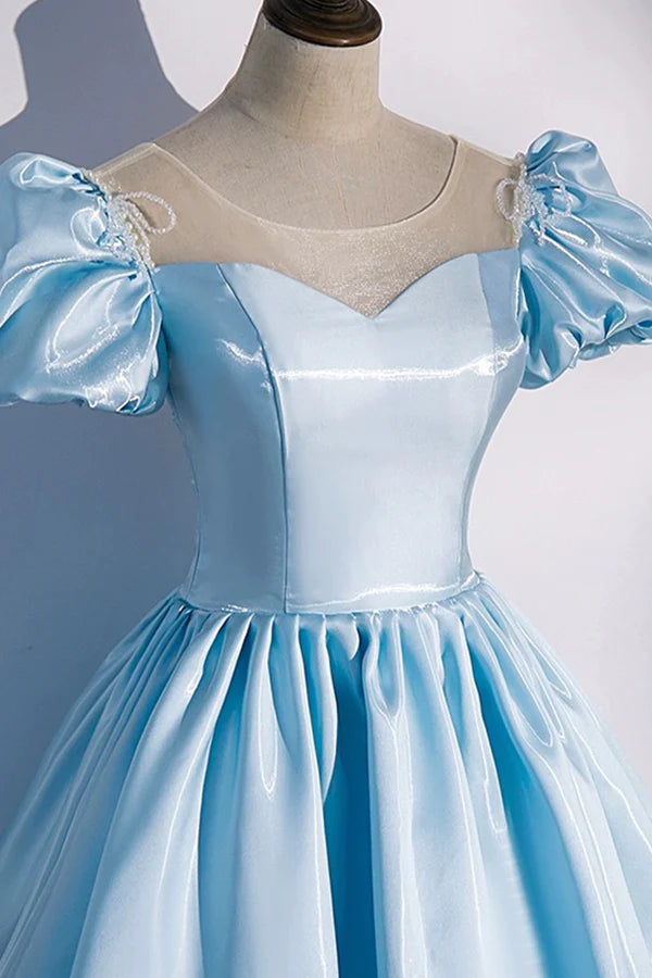 Wholesale Blue Satin Long Prom Dress Blue A-Line Scoop Neckline Short Sleeve Evening Dress