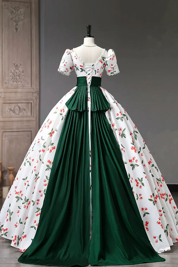 Wholesale Cute Cherry Pattern Long Princess Prom Dress White A-Line Evening Party Dress