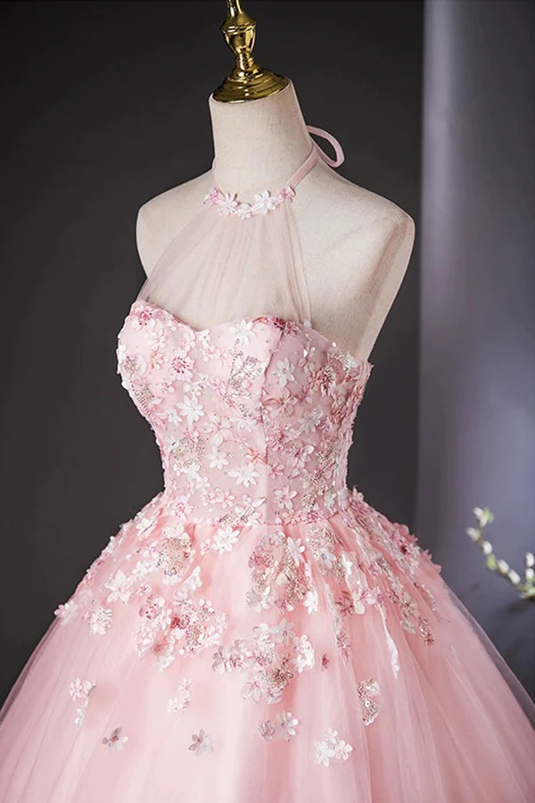 Wholesale Pink Halter Tulle Flowers Long Prom Dress Beautiful Backless Evening Party Dress