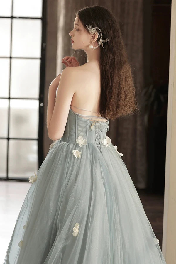 Wholesale A-Line Gray Tulle Strapless Floor Length Prom Dress Beautiful Backless Evening Party Dres with Flowers