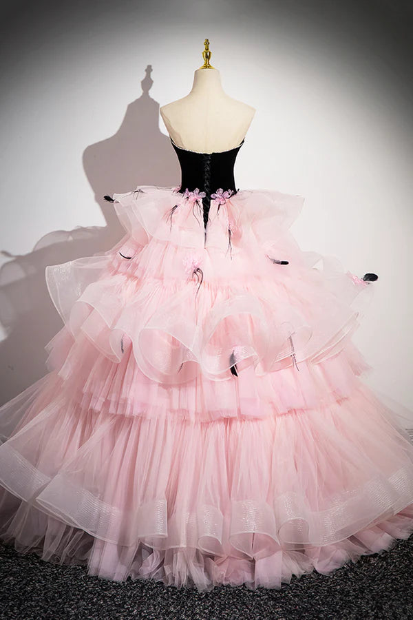 Wholesale Black Velvet and Pink Tulle Strapless Ball Gown Pink Backless Ruffles Formal Evening Dress