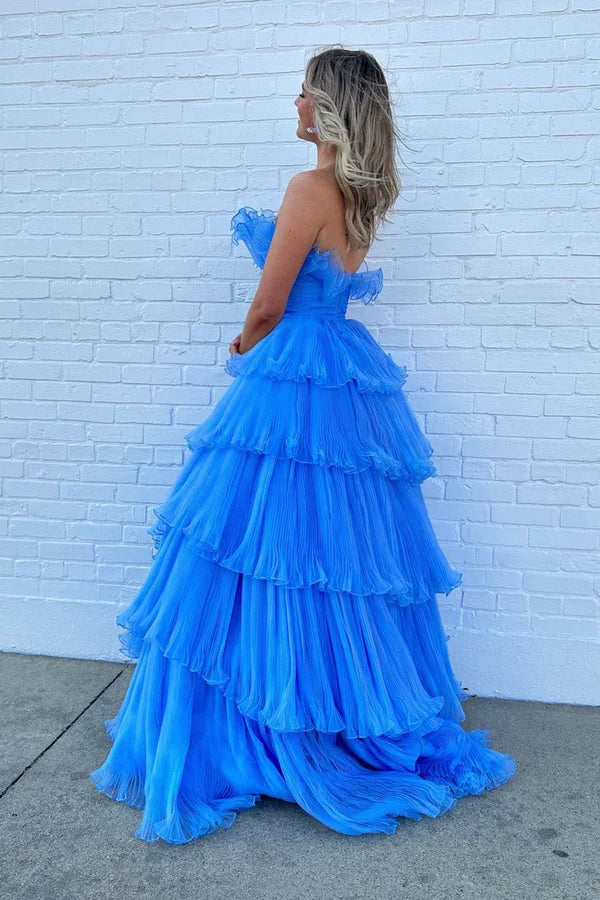 Wholesale Blue Strapless Princess Tulle Layers Ruffles Long Prom Dress