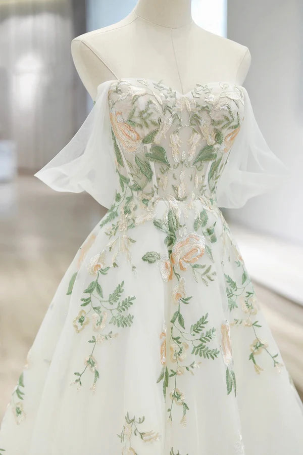 Wholesale Beautiful Floral Lace Tulle Long Prom Dress White Off the Shoulder Evening Party Dress