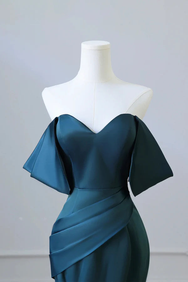 Wholesale Simple Off Shoulder Satin Ink Blue Long Prom Dress Ink Blue Mermaid Formal Dress