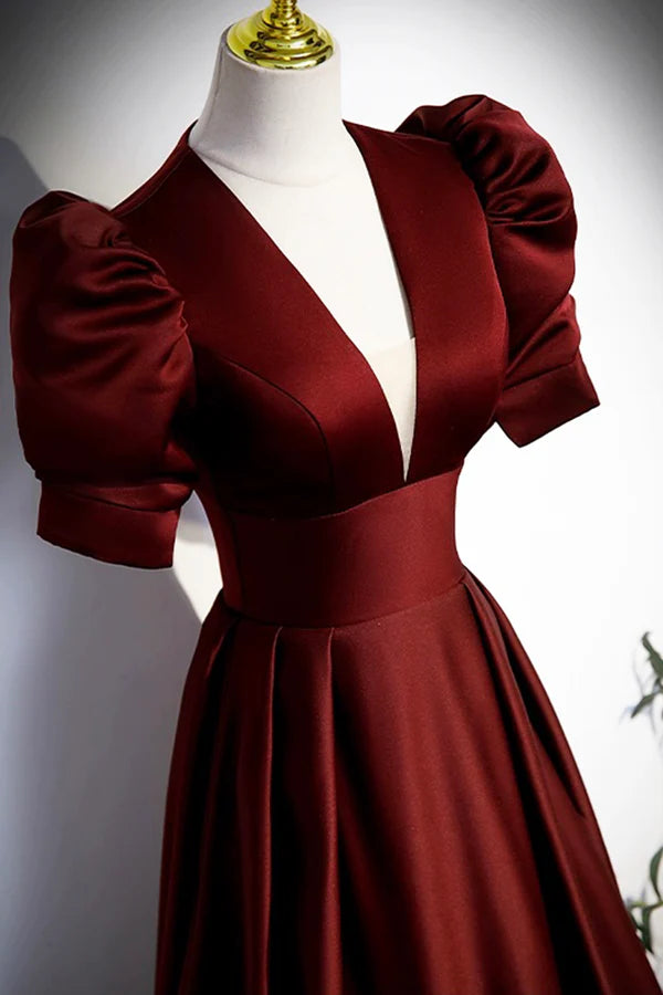 Wholesale Burgundy V-Neck Satin Long Prom Dress Simple Short Sleeve Evening Party Dress