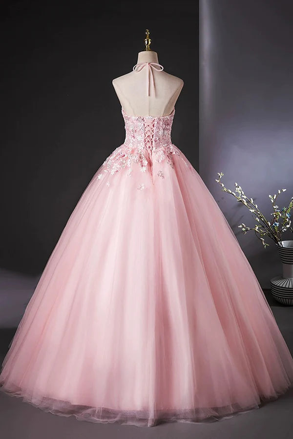 Wholesale Pink Halter Tulle Flowers Long Prom Dress Beautiful Backless Evening Party Dress
