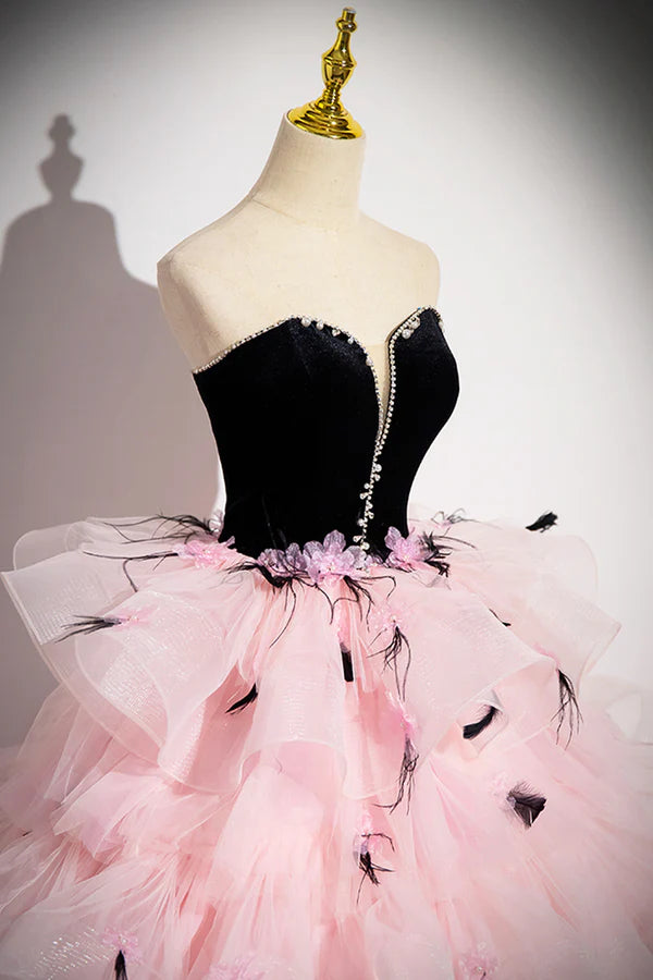 Wholesale Black Velvet and Pink Tulle Strapless Ball Gown Pink Backless Ruffles Formal Evening Dress