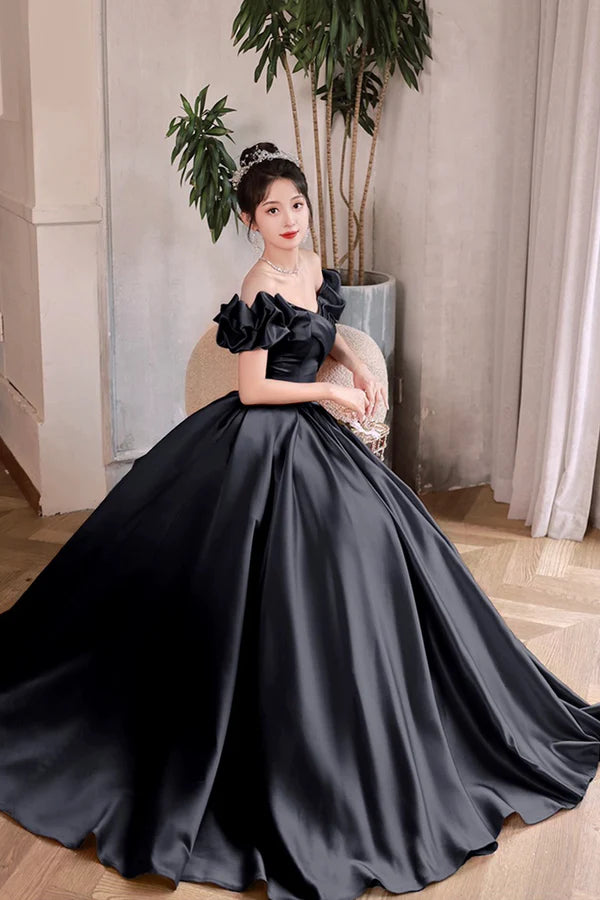 Wholesale Black Satin Floor Length A-Line Prom Dress Off the Shoulder Evening Party Dress