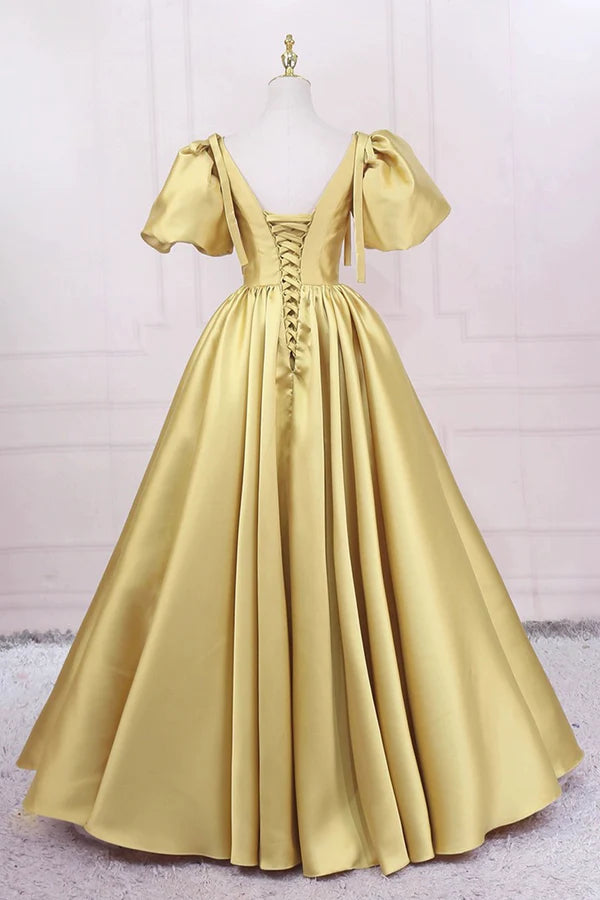 Wholesale Yellow V-Neck Satin Long Prom Dress A-Line Puff Sleeves Evening Party Dress