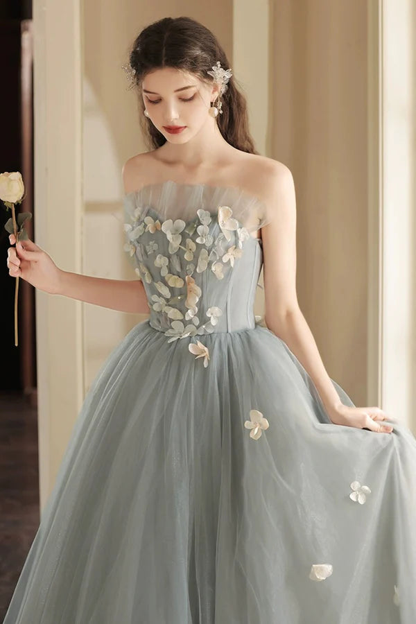 Wholesale A-Line Gray Tulle Strapless Floor Length Prom Dress Beautiful Backless Evening Party Dres with Flowers