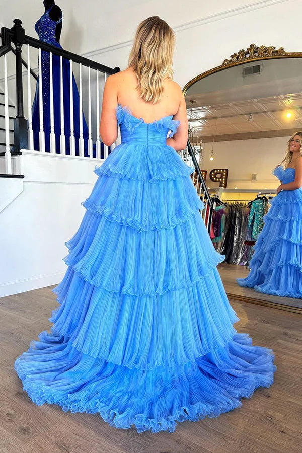 Wholesale Blue Strapless Princess Tulle Layers Ruffles Long Prom Dress