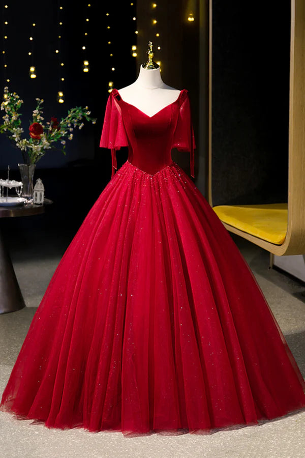 Wholesale Burgundy Velvet and Tulle Long Prom Dress A-Line V-Neck Formal Evening Dress