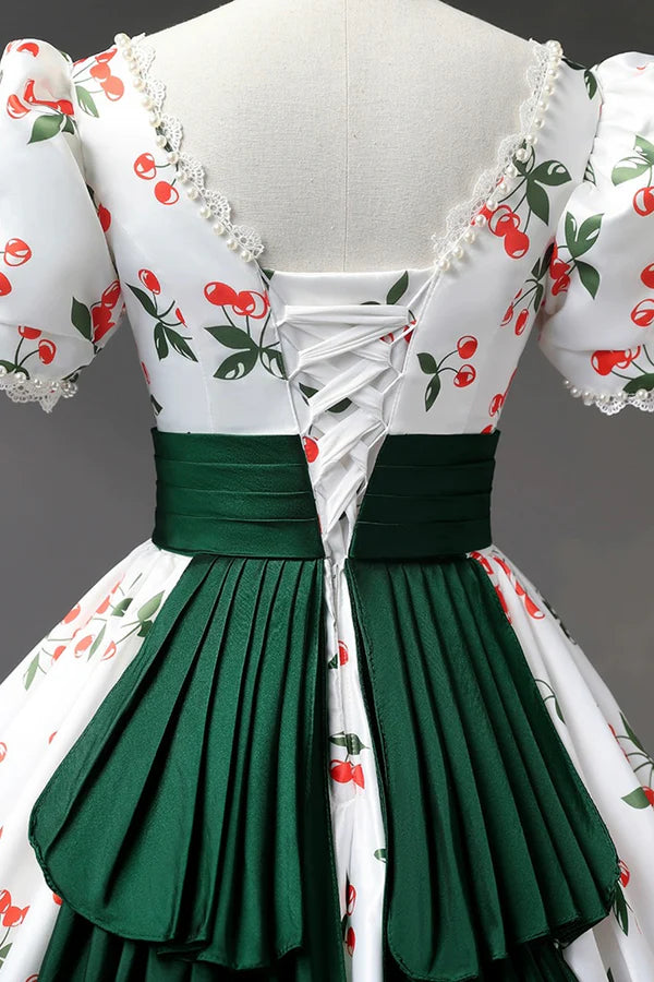 Wholesale Cute Cherry Pattern Long Princess Prom Dress White A-Line Evening Party Dress