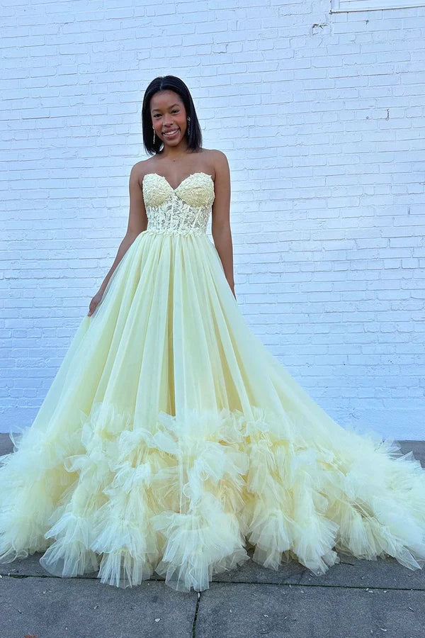 Wholesale A-Line Yellow Sweetheart Corset Ruffle Prom Dress Beautiful Tulle Formal Evening Dress