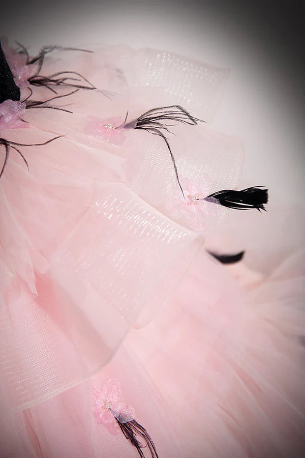 Wholesale Black Velvet and Pink Tulle Strapless Ball Gown Pink Backless Ruffles Formal Evening Dress