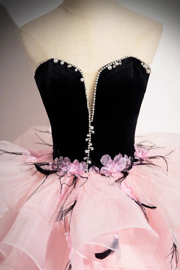 Wholesale Black Velvet and Pink Tulle Strapless Ball Gown Pink Backless Ruffles Formal Evening Dress