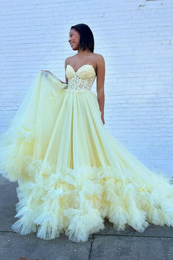 Wholesale A-Line Yellow Sweetheart Corset Ruffle Prom Dress Beautiful Tulle Formal Evening Dress