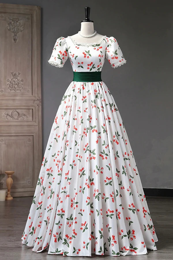 Wholesale Cute Cherry Pattern Long Princess Prom Dress White A-Line Evening Party Dress