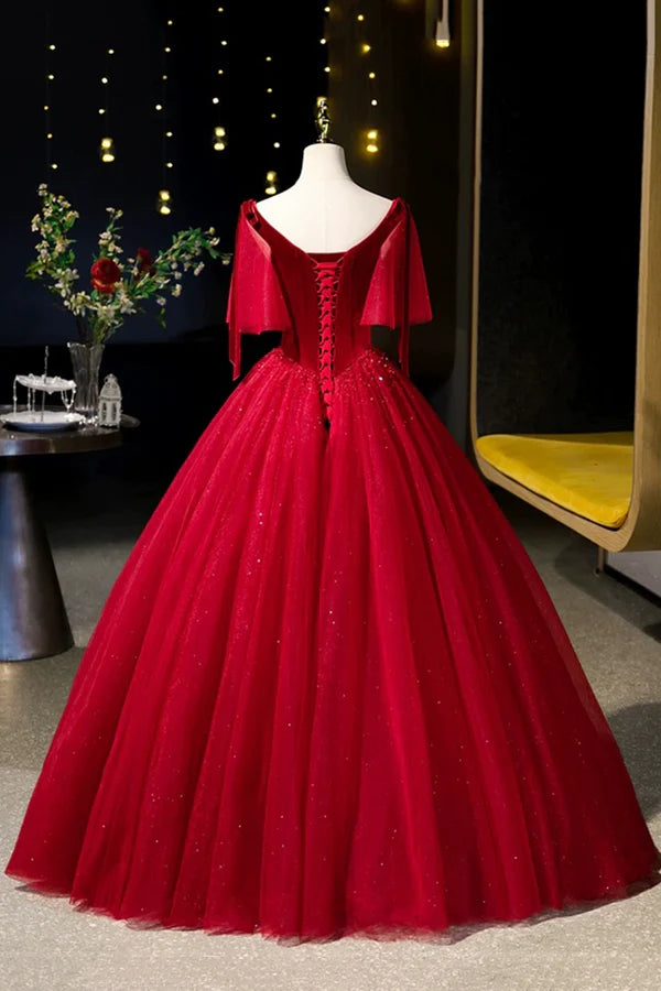 Wholesale Burgundy Velvet and Tulle Long Prom Dress A-Line V-Neck Formal Evening Dress