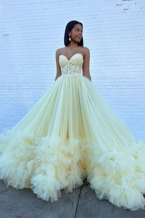 Wholesale A-Line Yellow Sweetheart Corset Ruffle Prom Dress Beautiful Tulle Formal Evening Dress