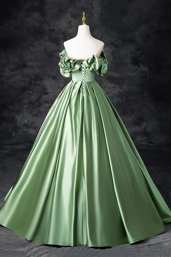 Wholesale Green Satin Long A-Line Party Dress Off the Shoulder Formal Evening Dress