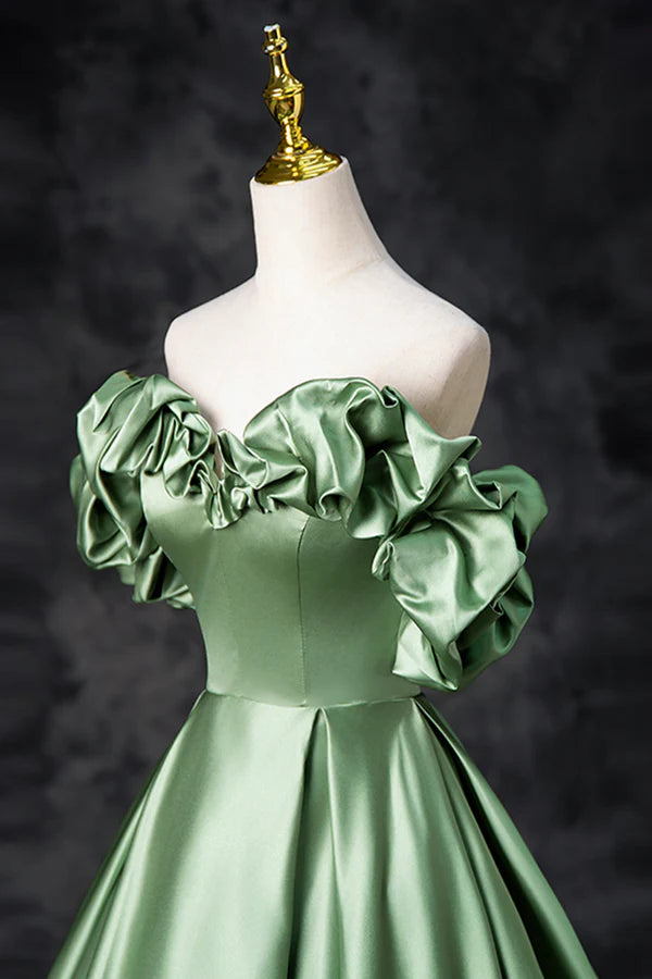 Wholesale Green Satin Long A-Line Party Dress Off the Shoulder Formal Evening Dress