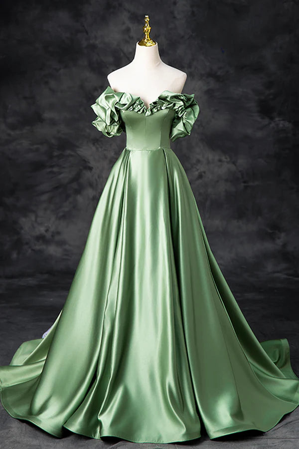Wholesale Green Satin Long A-Line Party Dress Off the Shoulder Formal Evening Dress