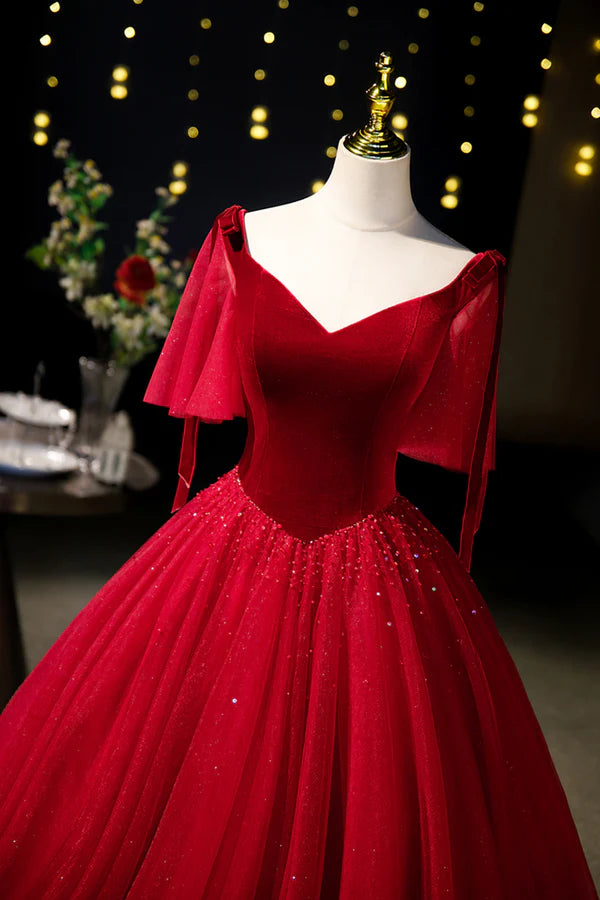 Wholesale Burgundy Velvet and Tulle Long Prom Dress A-Line V-Neck Formal Evening Dress