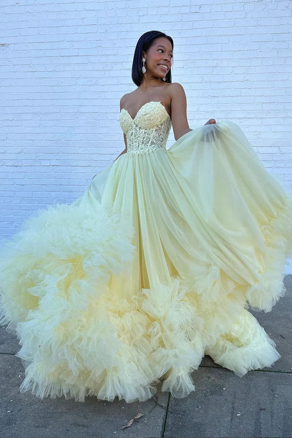 Wholesale A-Line Yellow Sweetheart Corset Ruffle Prom Dress Beautiful Tulle Formal Evening Dress