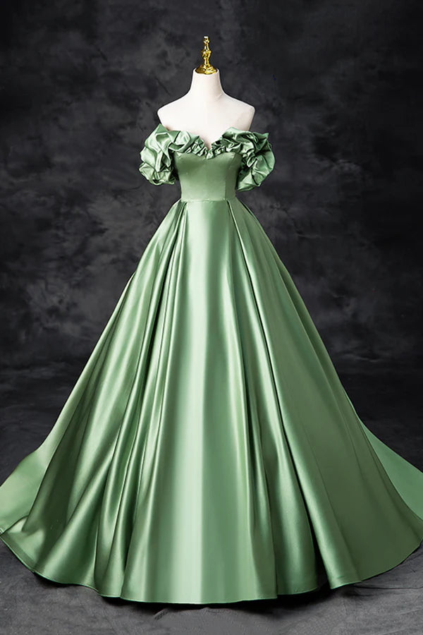 Wholesale Green Satin Long A-Line Party Dress Off the Shoulder Formal Evening Dress