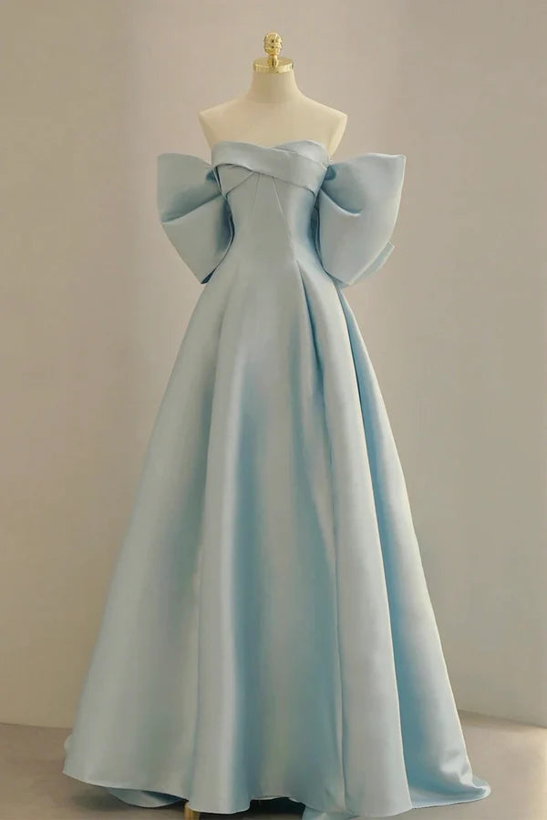Wholesale Blue Satin Long Prom Dress with Big Bow Blue A-Line Evening Party Dress