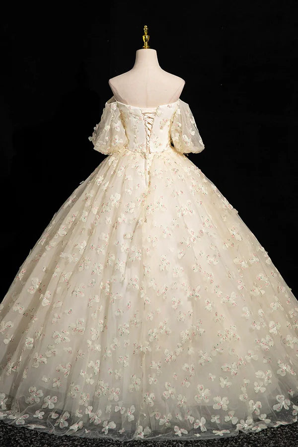 Wholesale Elegant A-Line Tulle Floor Length Prom Dress Champagne Off the Shoulder Evening Party Dress