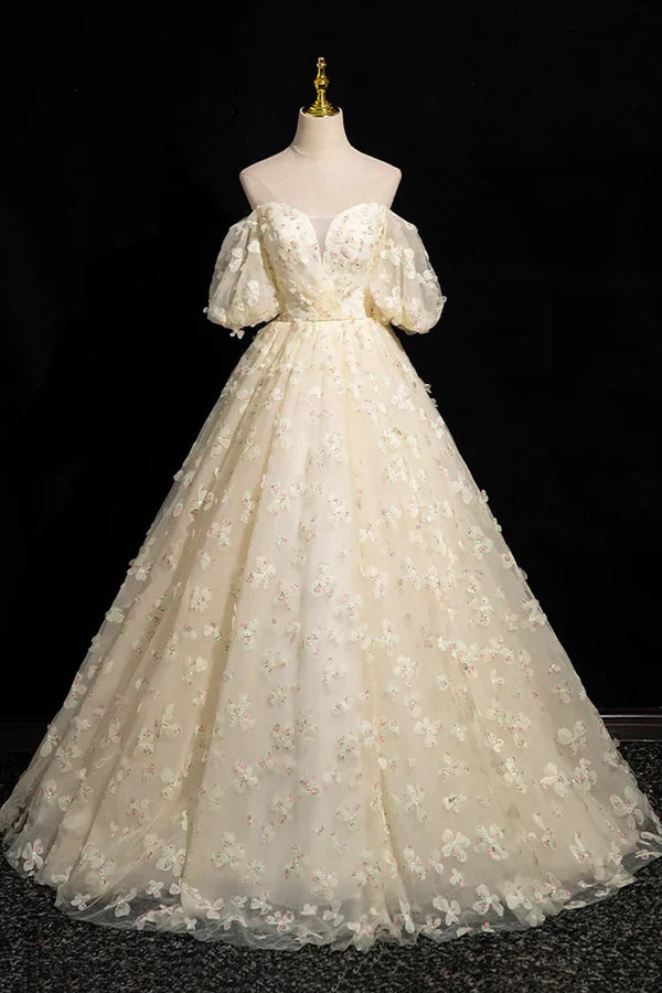 Wholesale Elegant A-Line Tulle Floor Length Prom Dress Champagne Off the Shoulder Evening Party Dress