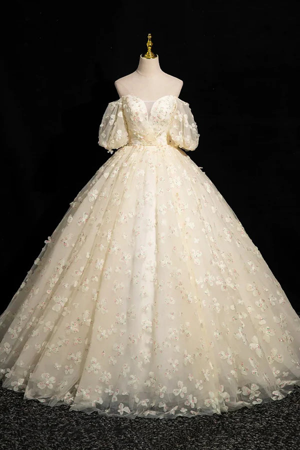 Wholesale Elegant A-Line Tulle Floor Length Prom Dress Champagne Off the Shoulder Evening Party Dress