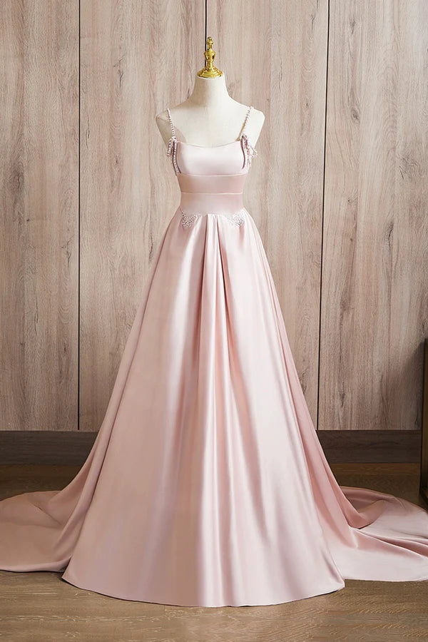 Wholesale Cute Satin Long A-Line Pink Prom Dress Spaghetti Straps Evening Dress