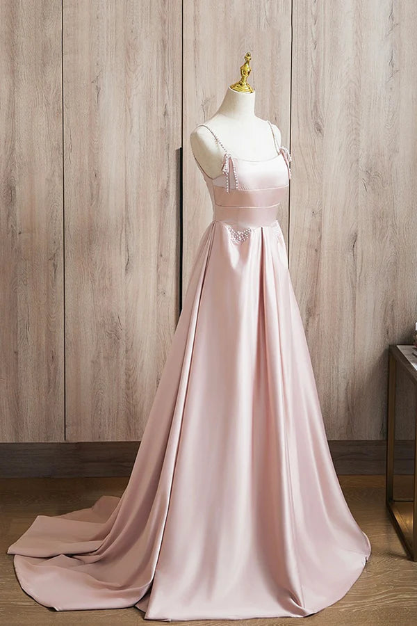 Wholesale Cute Satin Long A-Line Pink Prom Dress Spaghetti Straps Evening Dress