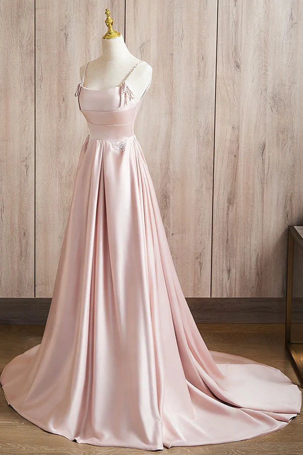 Wholesale Cute Satin Long A-Line Pink Prom Dress Spaghetti Straps Evening Dress