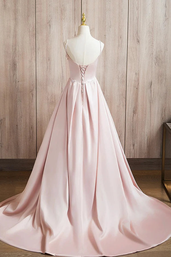 Wholesale Cute Satin Long A-Line Pink Prom Dress Spaghetti Straps Evening Dress