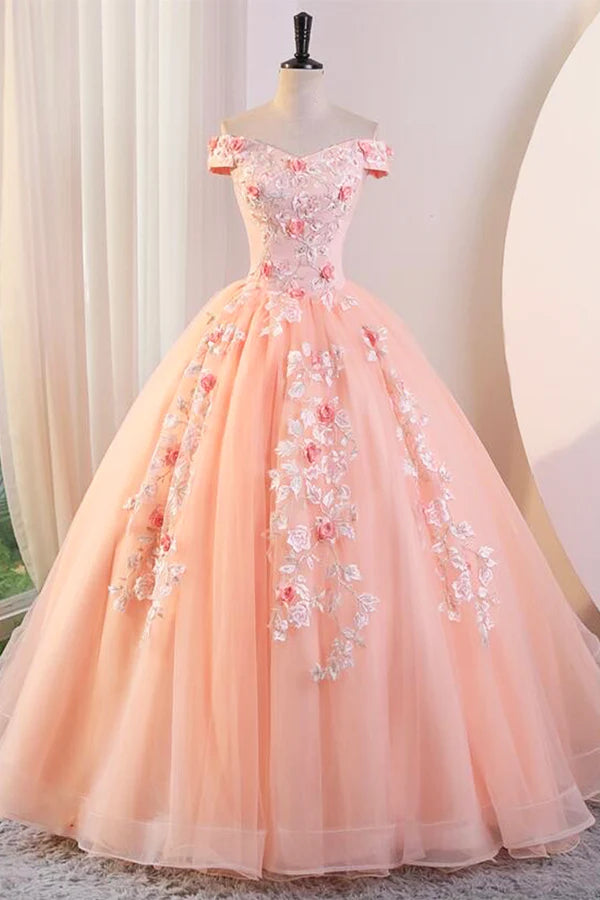 Wholesale Pink Tulle Lace and Flowers Ball Gown Formal Dresses Pink Long Sweet 16 Dresses