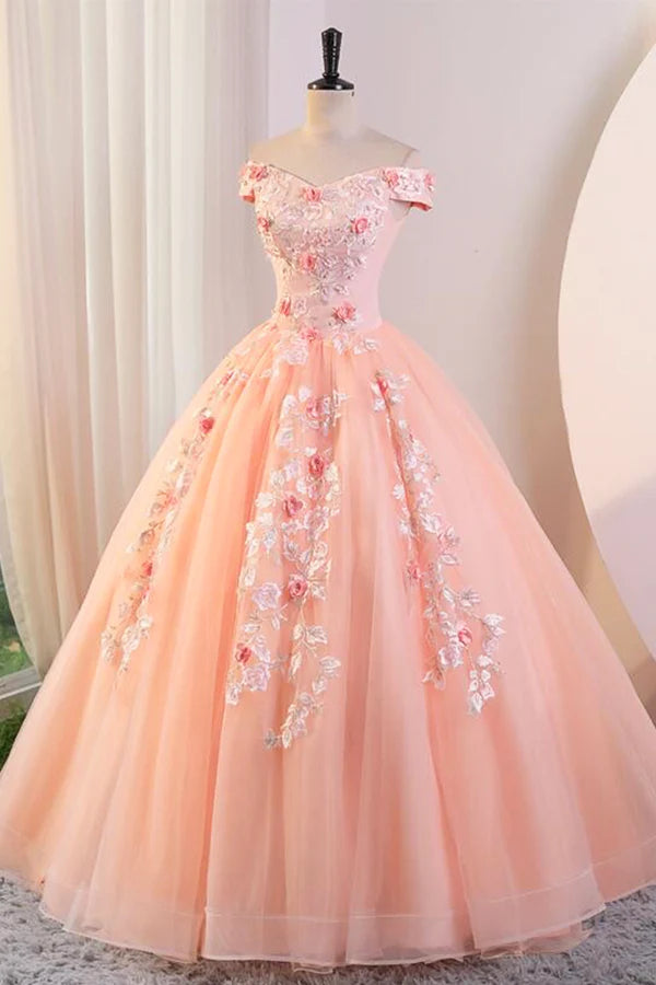 Wholesale Pink Tulle Lace and Flowers Ball Gown Formal Dresses Pink Long Sweet 16 Dresses
