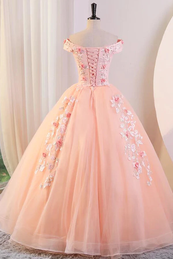 Wholesale Pink Tulle Lace and Flowers Ball Gown Formal Dresses Pink Long Sweet 16 Dresses