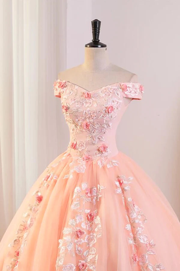 Wholesale Pink Tulle Lace and Flowers Ball Gown Formal Dresses Pink Long Sweet 16 Dresses