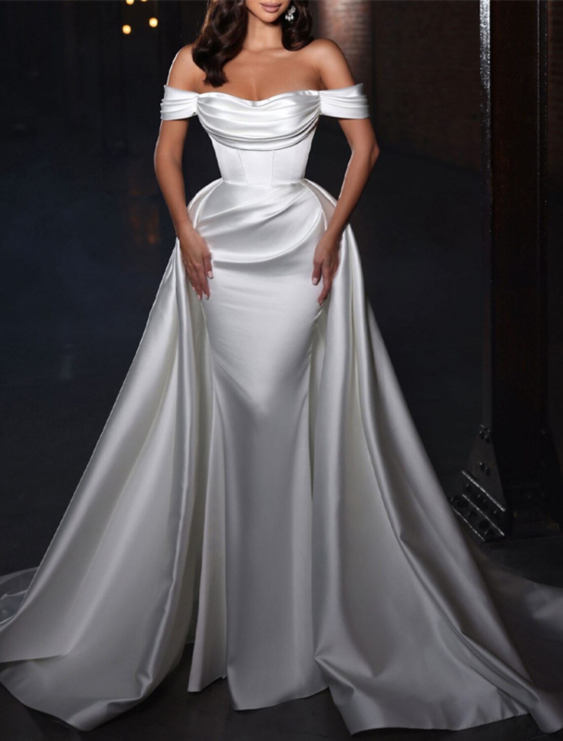 Wholesale Engagement Formal Wedding Dresses Sheath / Column Off Shoulder Cap Sleeve Chapel Train Satin Bridal Gowns With Ruched Solid Color Summer Fall Wedding Party
