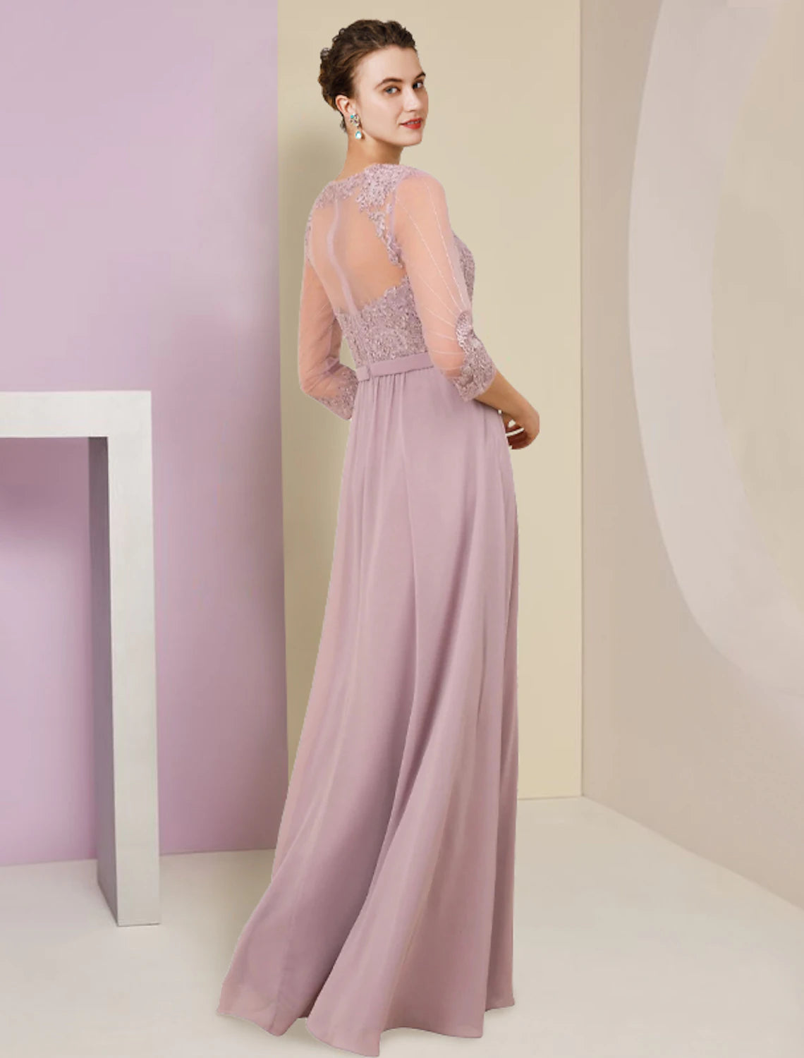 Wholesale  A-Line Mother of the Bride Dress Formal Wedding Guest Elegant V Neck Floor Length Chiffon Lace 3/4 Length Sleeve with Pleats Appliques