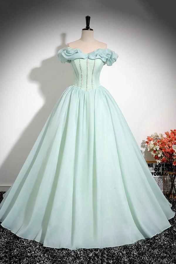 Wholesale Green Tulle Long A-Line Prom Dress Lovely Off the Shoulder Evening Party Dress